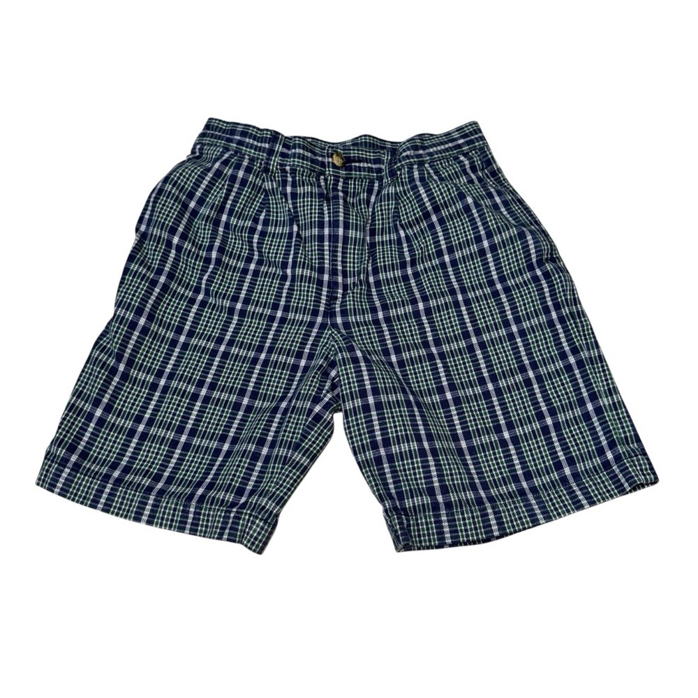 Lands' End Boy's Size 12 Bermuda Shorts 100% Cotton Plaid Red Green w. Pockets